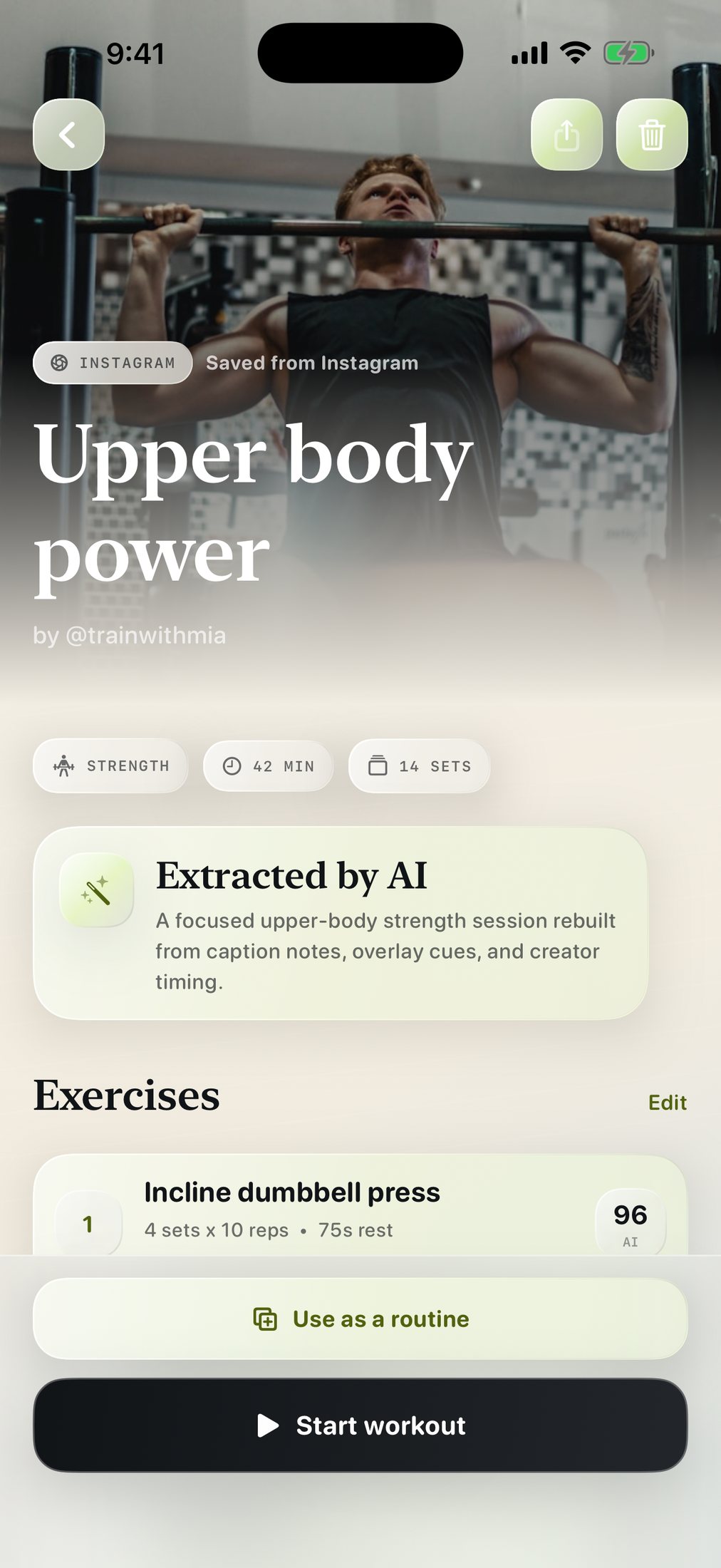 A workout imported from Instagram titled 'Upper body power', with an 'Extracted by AI' summary and Start workout button